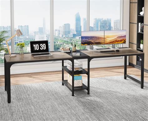 Tribesigns 90.55'' Double-Person Computer Desk with Shelves, Ergonomic ...