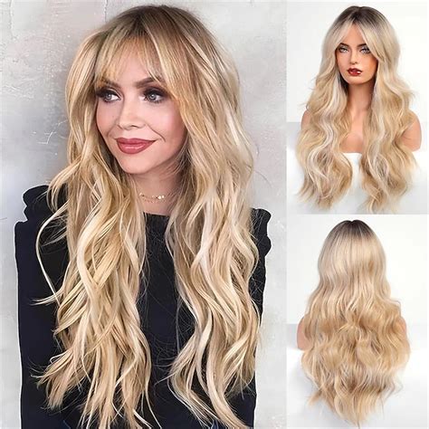 Black Wig with Bangs for Women Long Wavy Hair Wig Black Wig Curly Wavy ...