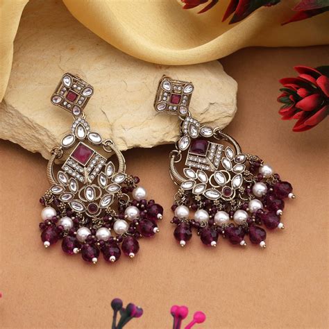 Royal Purple Color Kundan Earrings With Antique Stones Perfect For Par ...