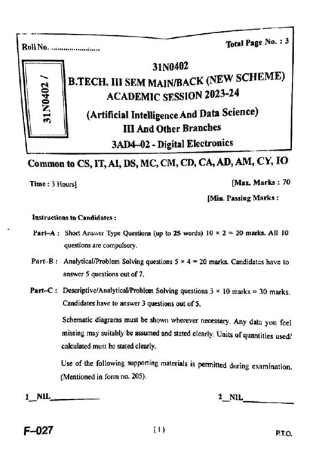 Btech cs it 3 sem digital electronics 31n0402 2024 - Roll No. Total ...