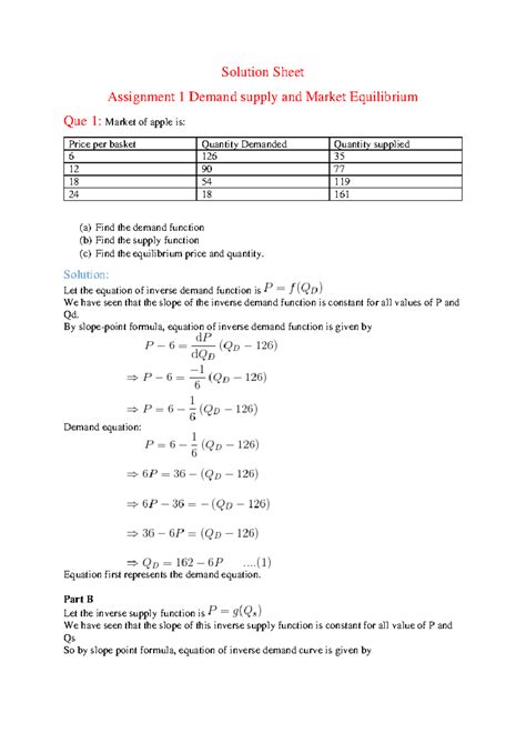 Economics Worksheet 1: Market Equilibrium Solutions and Analysis - Studocu