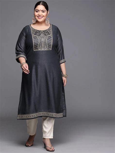Buy Plus Size Navy Blue Yoke Design Silk Kurta Online at Rs.1077 | Libas
