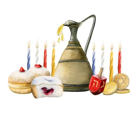 Hanukkah miracle horizontal banner watercolor illustration with oil jug ...