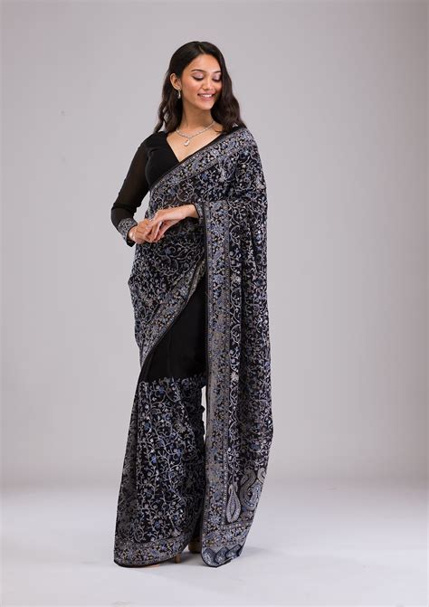 Buy Black Threadwork Georgette Saree - Koskii