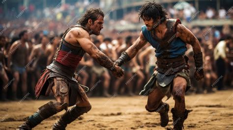 Ancient warriors duel in arena roman spartan greek sword fight with ...