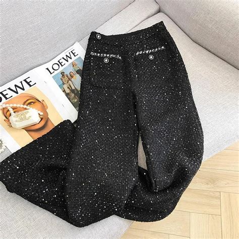 Black-Sequins-Tweed-Wool-Pant-Women-autumn-Winter-Baggy-High-Waist-Wide ...