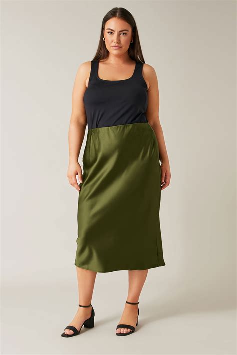 EVANS Plus Size Khaki Green Midi Satin Skirt | Evans