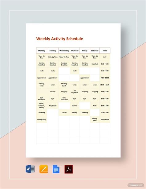 Image result for Weekly Activity Schedule Template Excel