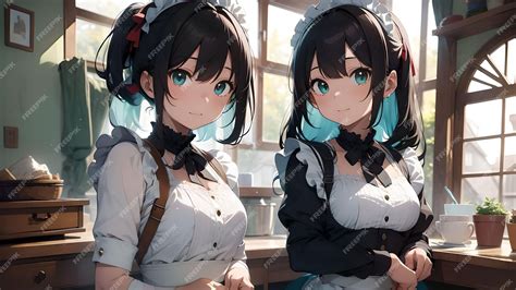 Premium AI Image | Two elegant maids anime art for wallpaper
