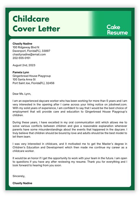 Child Care Cover Letter Examples at William Swoope blog