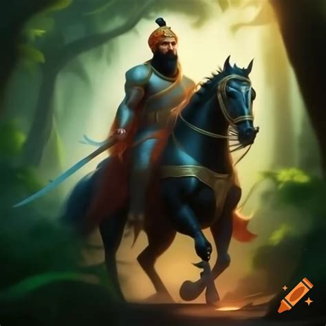 Sikh warrior Guru Gobind Singh riding horse through dense jungle path ...