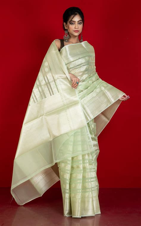 Designer Kora Organza Silk Banarasi Saree in Green Mist and Off White ...