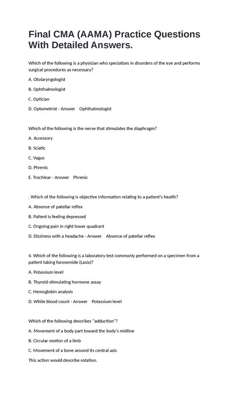 Final CMA (AAMA) Practice Questions with Detailed Answers | Exams ...
