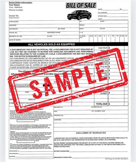 Template PDF Bill of Sale Auto Car Automotive Dealer Seller - Etsy