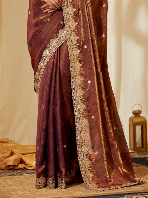 Kasee Women's Copper Brown Silk Blend Saree with Golden Embroidered Bo ...