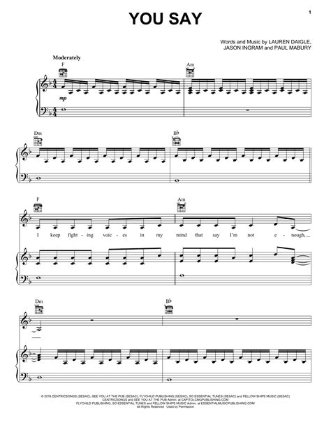 You Say by Lauren Daigle Sheet Music for Piano, Vocal & Guitar Chords ...