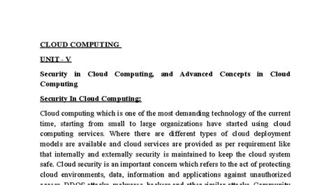UNIT V CC - Security & Advanced Concepts in Cloud Computing - Studocu