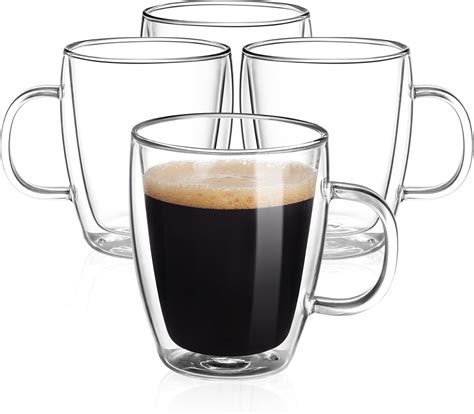 Double Wall Glass Coffee Mugs 350ml(Set of 4) 12 Ounces-Clear Glass ...