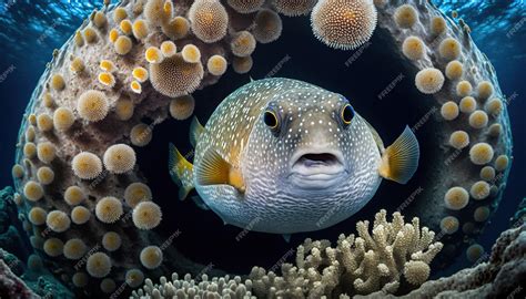 Premium AI Image | The gray puffer fish a dangerous species lurks among ...