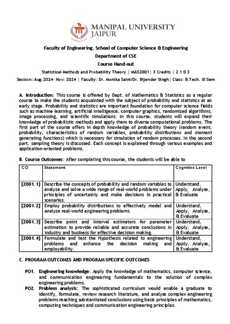 Course Handout MAS2001: Statistical Methods & Probability Theory ...