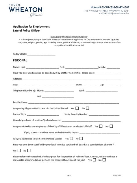 Fillable Online City of Wheaton Lateral Police Officer Application ...