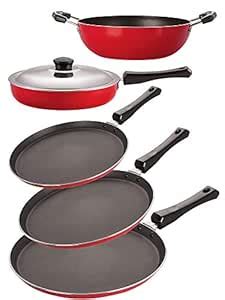 Nirlon Non-Stick Aluminium Cookware Set, 5-Pieces, Red and Black (2.6mm ...