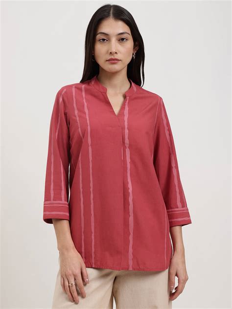 Buy Maroon & Pink Cotton Striped Top Online | Pink Fort