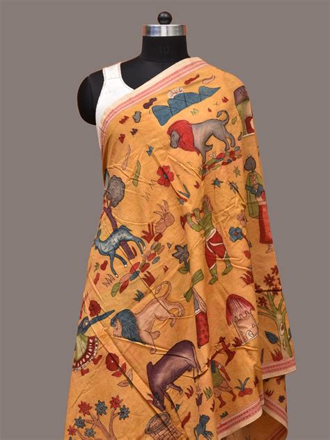 Yellow Kalamkari Hand Painted Cotton Handloom Dupatta with Village The ...
