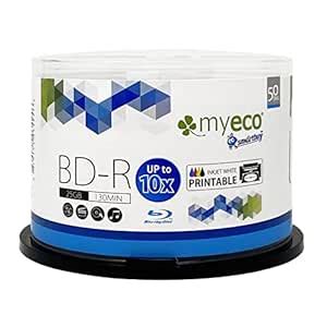 50 Pack Myeco Bd-r BDR Blu-ray 25gb Upto 10x White Inkjet Hub Printable ...