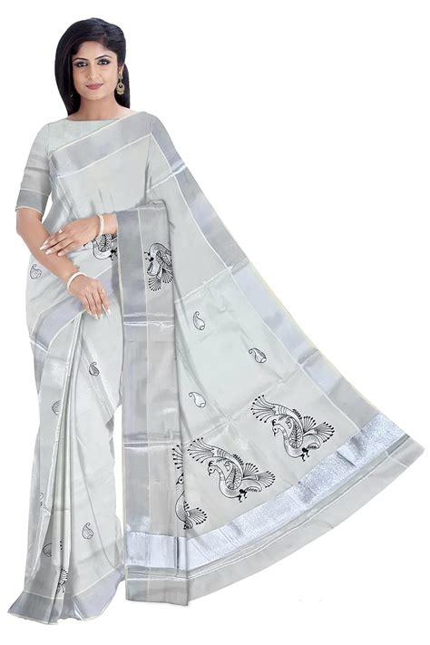Buy Kerala Kasavu Cotton Silver Tissue Pacock Embroidery Saree From ...