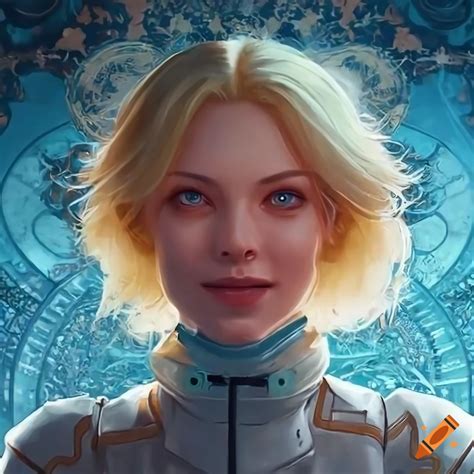 Smiling woman blond hair, blue eyes, slim, astronaut-like suit. In ...
