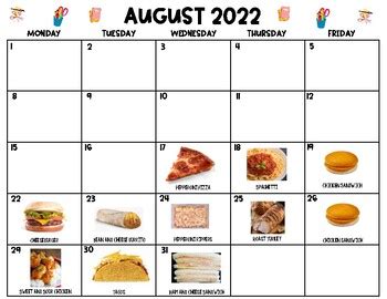 Nebo August Lunch Calendar 2022 by Breeanna Gibson | TPT