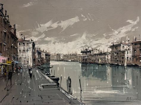 Alvarez - Large 1960's Modernist Signed Oil Painting Venice Grand Canal Atmospheric Work For ...