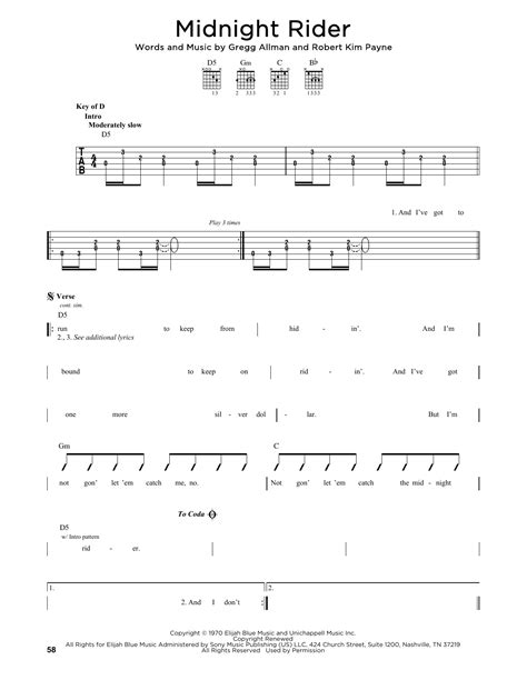 Midnight Rider by The Allman Brothers Band - Guitar Lead Sheet - Guitar ...
