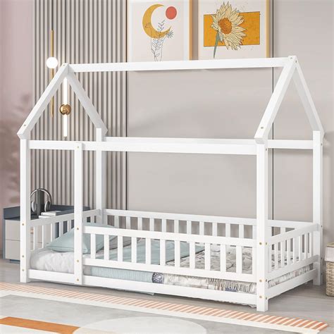 Amazon.com: LLS Twin Floor Bed Frame with Fence, Wooden Montessori Bed, House Bed for Boys Girls ...