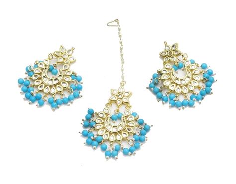 Buy Hilore Ethnic Chandbali Sky Blue Non Precious Metal Jhoomar Earing ...