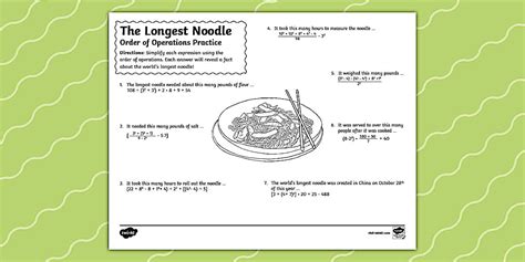 The Longest Noodle Order of Operations Practice for 6th-8th Grade