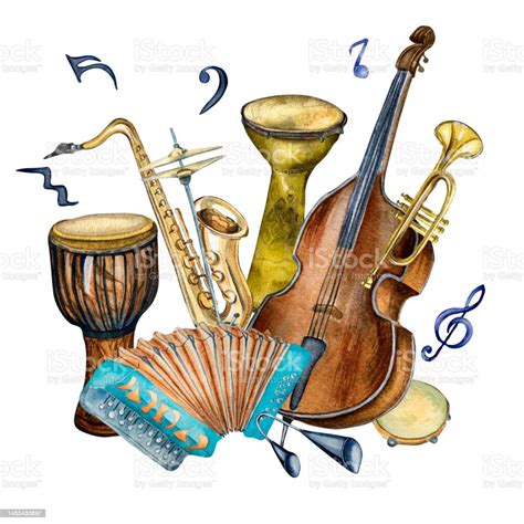 Composition Of Jazz Musical Instruments And Signs Watercolor ...