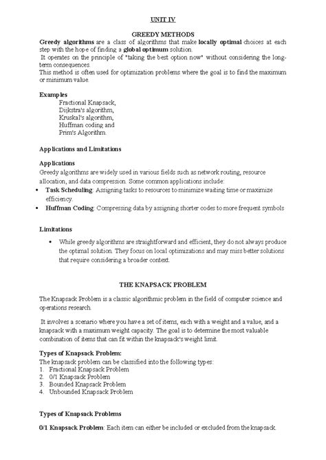 DS Unit IV - Greedy Methods and Knapsack Problem Analysis - Studocu
