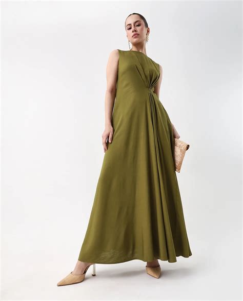 Rareism Women's Jensero Olive Viscose Round Neck Fit And Flare Plain D