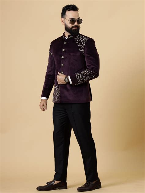 Hand Embroidered Mulberry Velvet Maharaja Jodhpuri Bandhgala Jacket wi ...