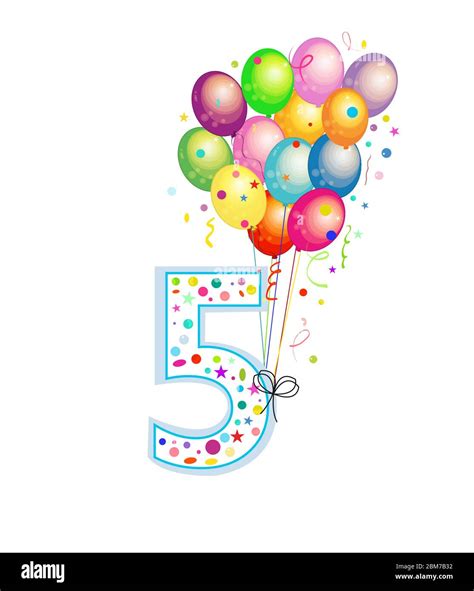 Happy fifth birthday candle. Five numbered balloon. Colorful balloons ...