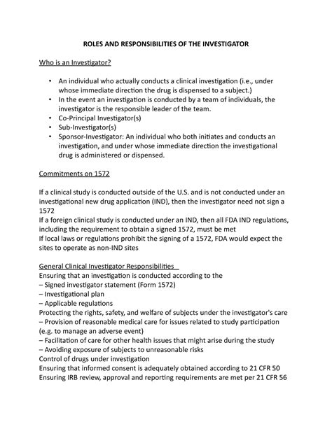 Roles AND Responsibilities OF THE Investigator - ROLES AND ...