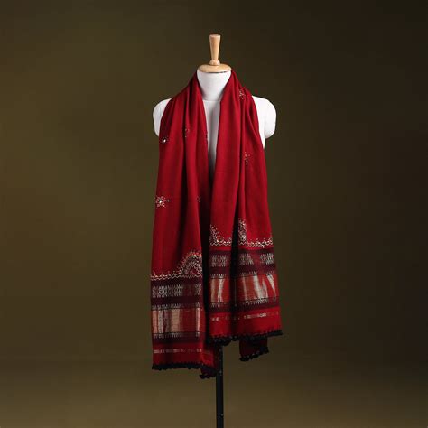 Red Kutch Neran Hand Embroidery Mirror Work Woollen Shawl