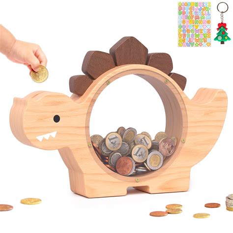 Amazon.com: Summidate Wooden Dinosaur Piggy Bank for Boys, Cute Dino ...