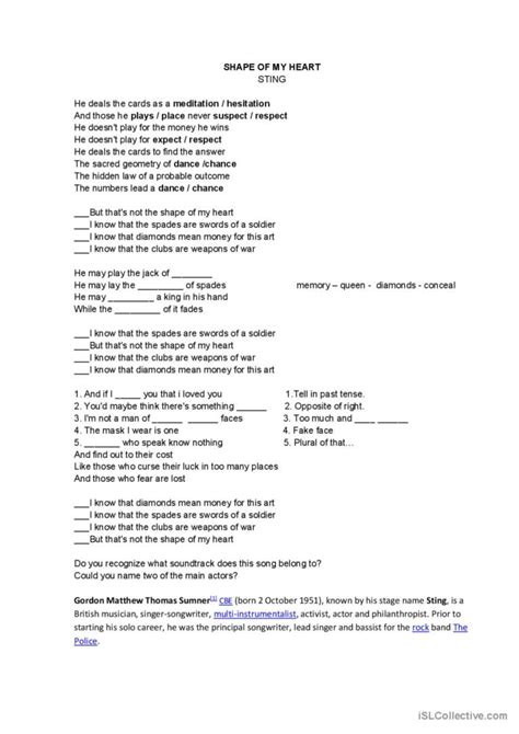 Shape of my heart song and nursery r…: English ESL worksheets pdf & doc