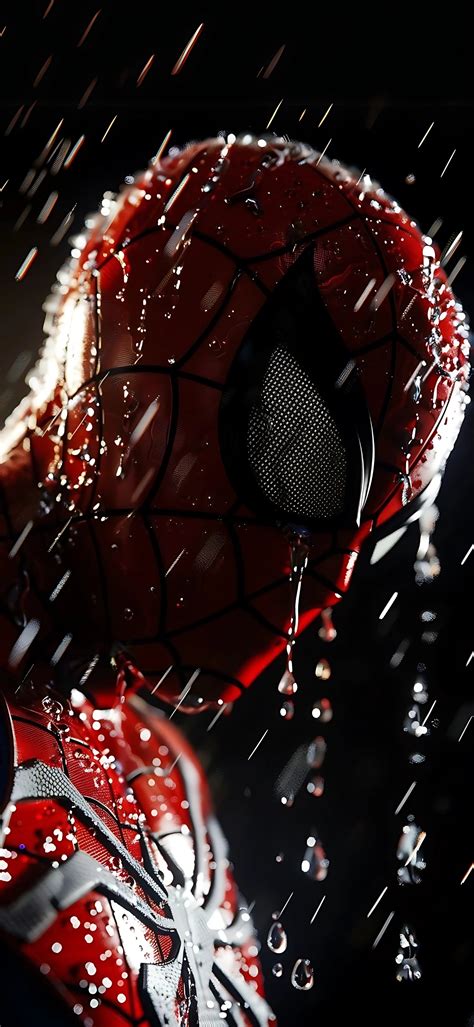 Spiderman in rain scene with red, black webbed suit; dark background ...