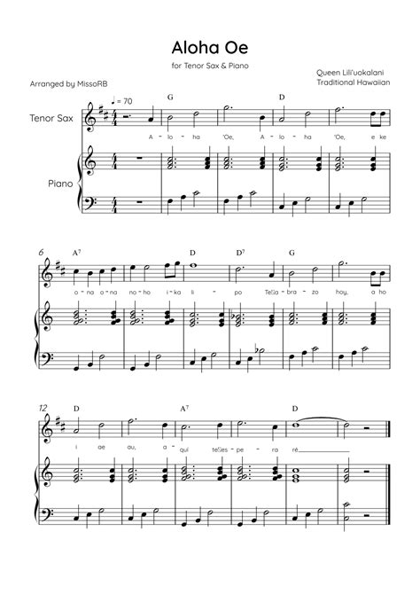 Aloha Oe - Tenor Sax & Piano in C Major Easy With Lyrics & Chords (arr ...
