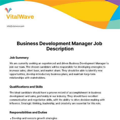 Free Business Development Manager Job Description Template to Edit Online