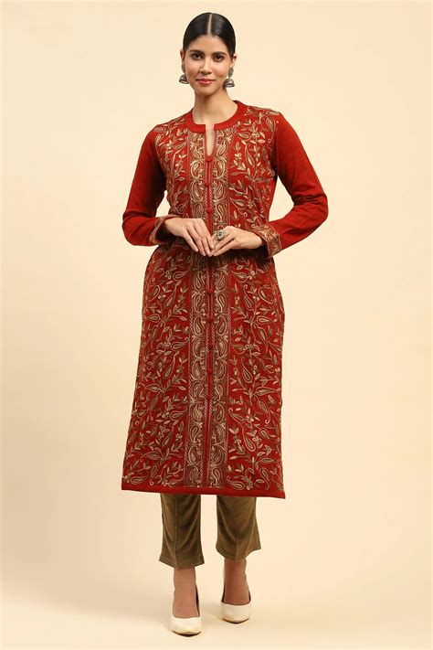 Rust Woolen Thread Embroidered Kurta – Global Republic